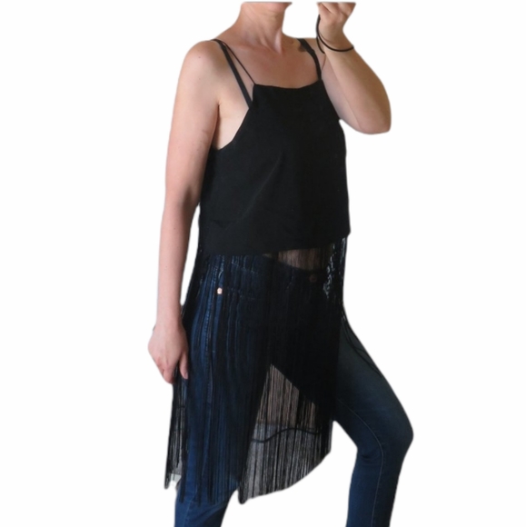 Revolve Line and Dot crop top long motion fringes Y2K style black size Large - Picture 2 of 7